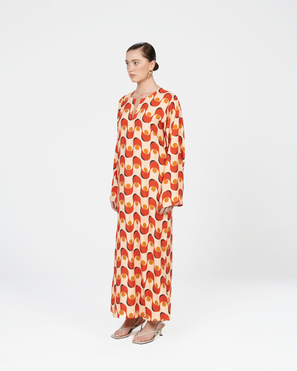 Nissa Logo Print in Beige & Red Kaftan