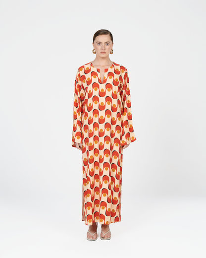 Nissa Logo Print in Beige & Red Kaftan